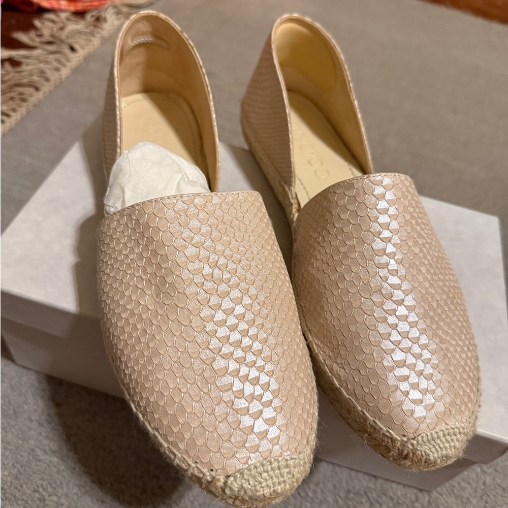 Jimmy Choo Nude Leather Snakeskin Espadrille Flats Size 10.5 NWT